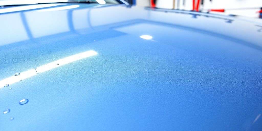 Shiny car with ceramic coating and water droplets.