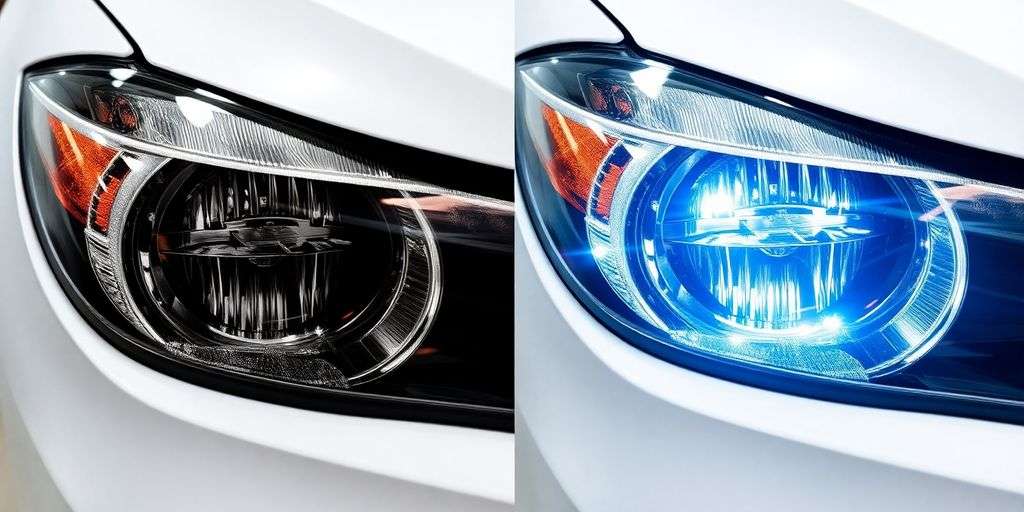 Clean car headlights shining brightly in sunlight.