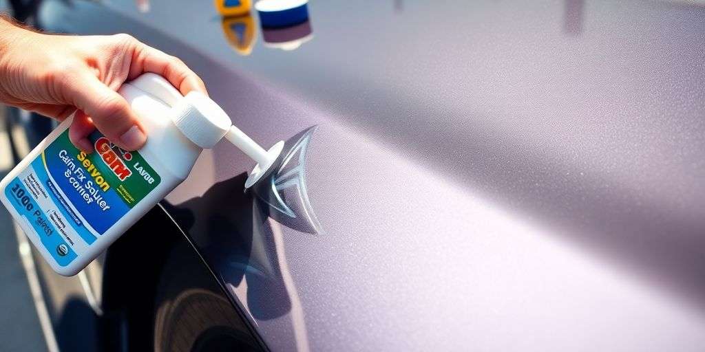 Hand applying paint fix to a scratched car surface.