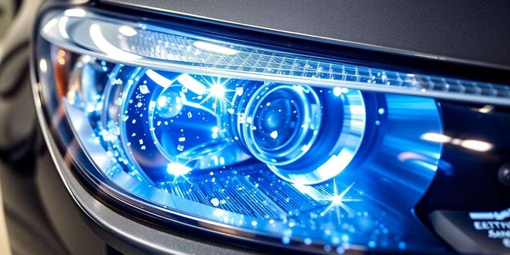 Close-up of crystal-clear car headlights shining brightly.