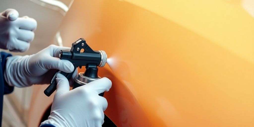 Close-up of automotive paint repair tools and techniques.