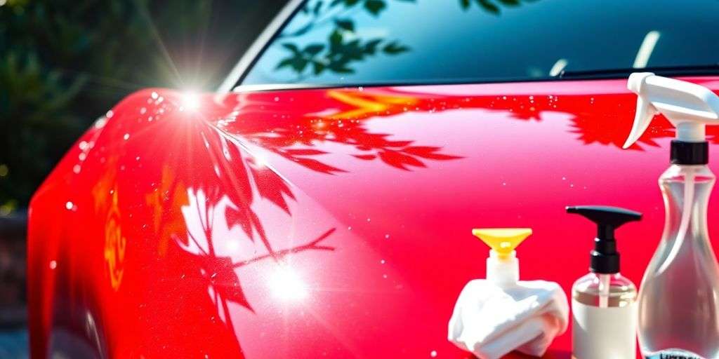 A clean car shines brightly in the sunlight.