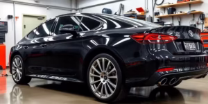 Shiny car in a professional detailing workshop environment.